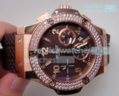 Swiss Replica Hublot Big Bang Brown Dial Diamond Bezel Rubber Strap Watch